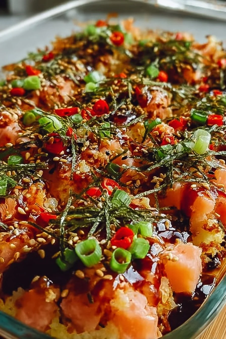 Baked spicy salmon sushi in a serving dish with toppings and rice