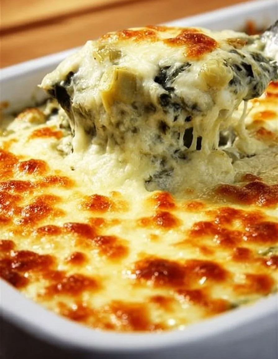 Delicious Spinach Artichoke Chicken Casserole served in a dish