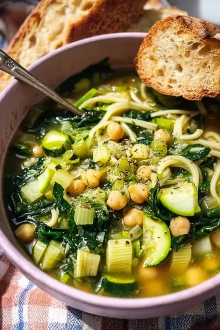 Bowl of fresh spring minestrone soup with colorful vegetables