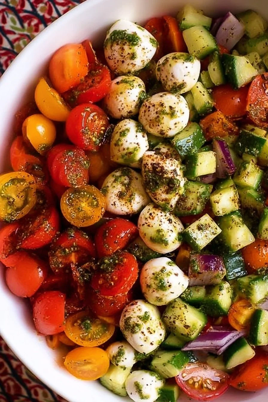 Fresh Tomato Cucumber Salad with Avocado, Mozzarella, and Basil Pesto