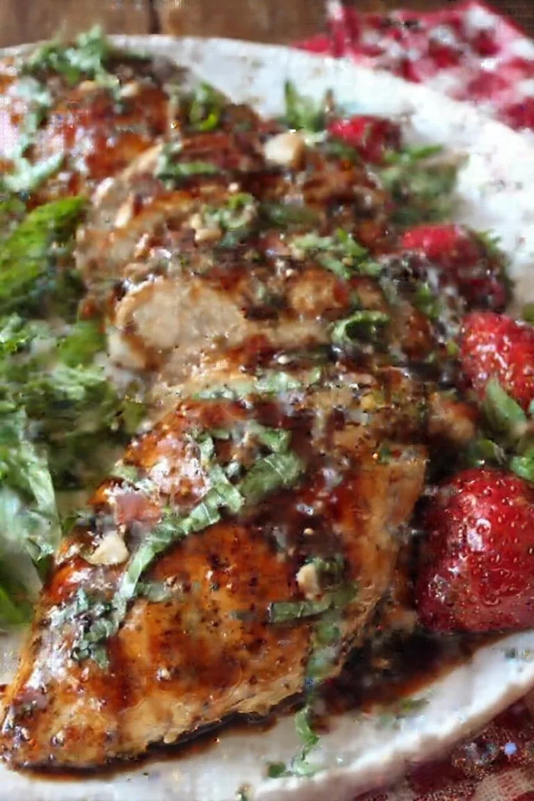 Delicious plate of Strawberry Chicken garnished with fresh herbs and sliced strawberries.