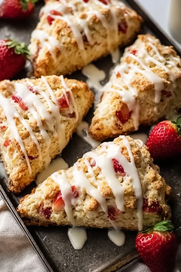 Freshly baked Strawberry Cream Cheese Scones on a wooden table