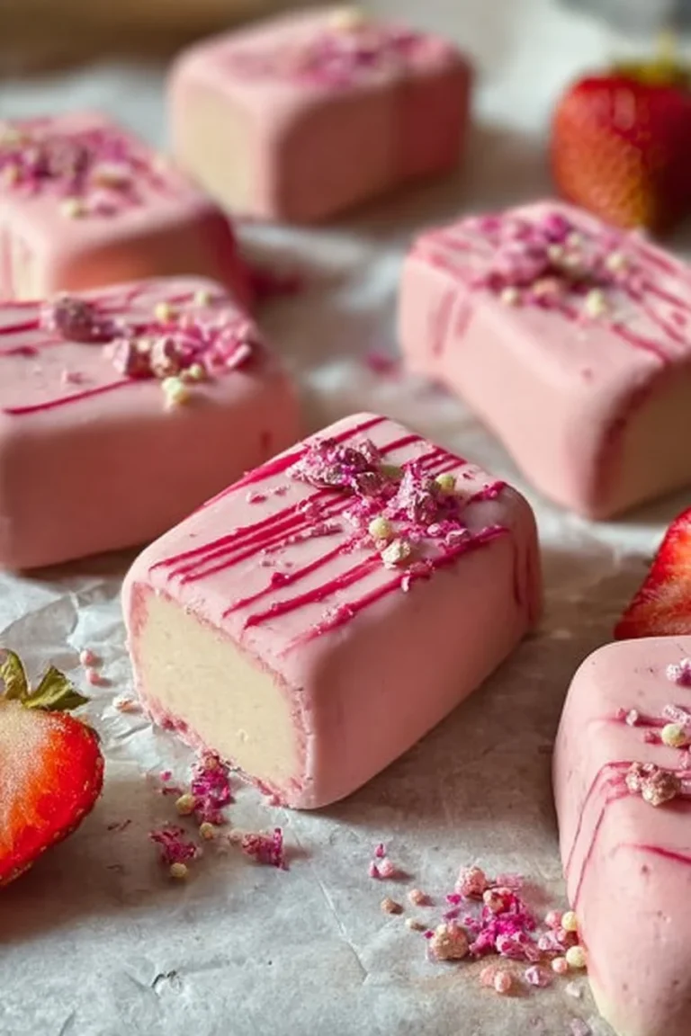 Delicious homemade strawberry frozen yogurt bars on a wooden table.