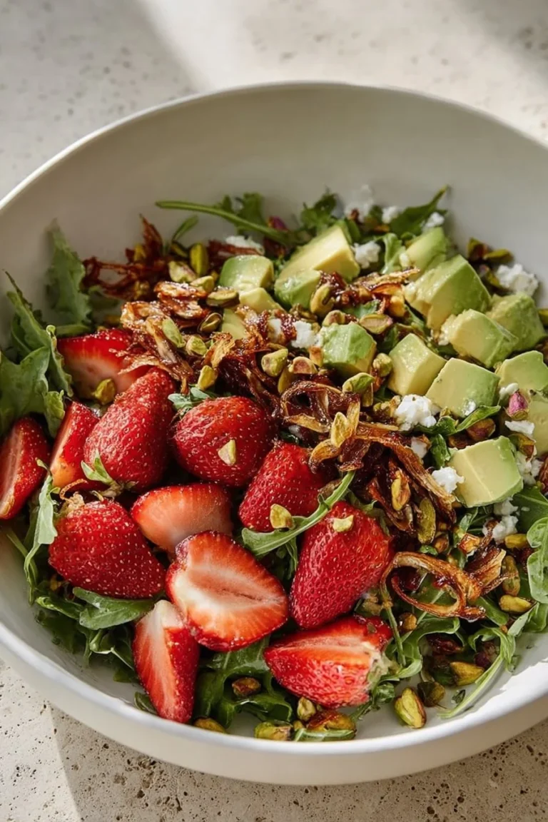 Colorful strawberry salad with fresh greens and dressing