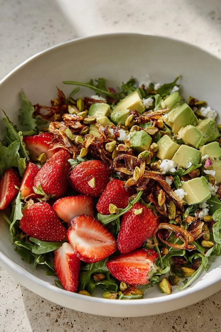 Colorful strawberry salad with fresh greens and dressing