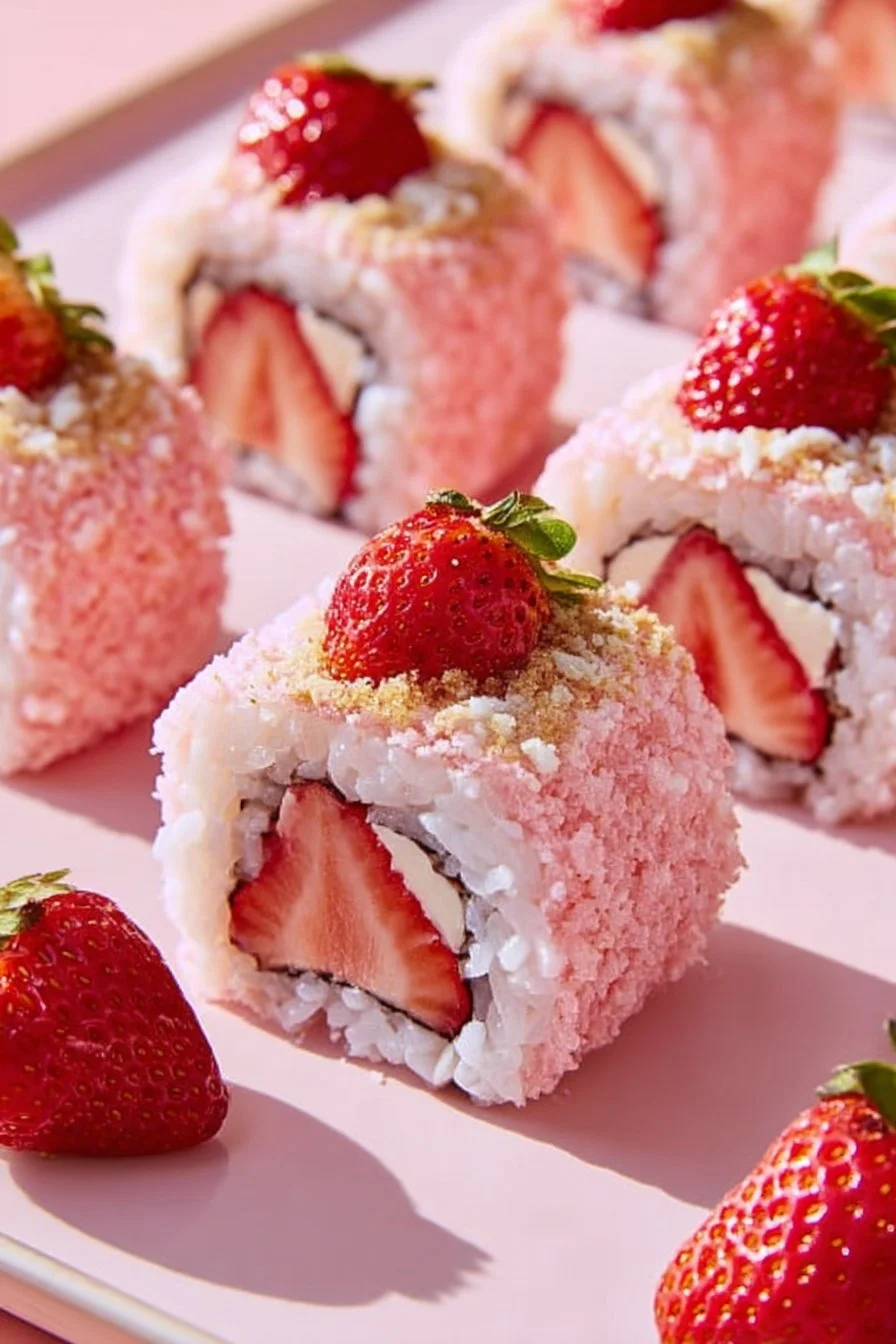 Strawberry shortcake sushi displaying vibrant colors and fresh ingredients.