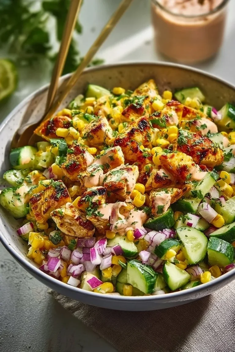 Creamy cucumber chicken salad with street corn garnished ready to serve