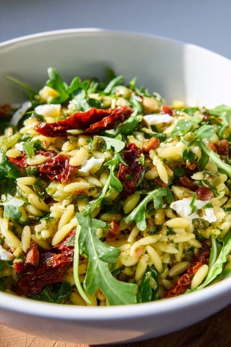 Sun Dried Tomato Orzo Pesto Salad with fresh ingredients and vibrant colors.