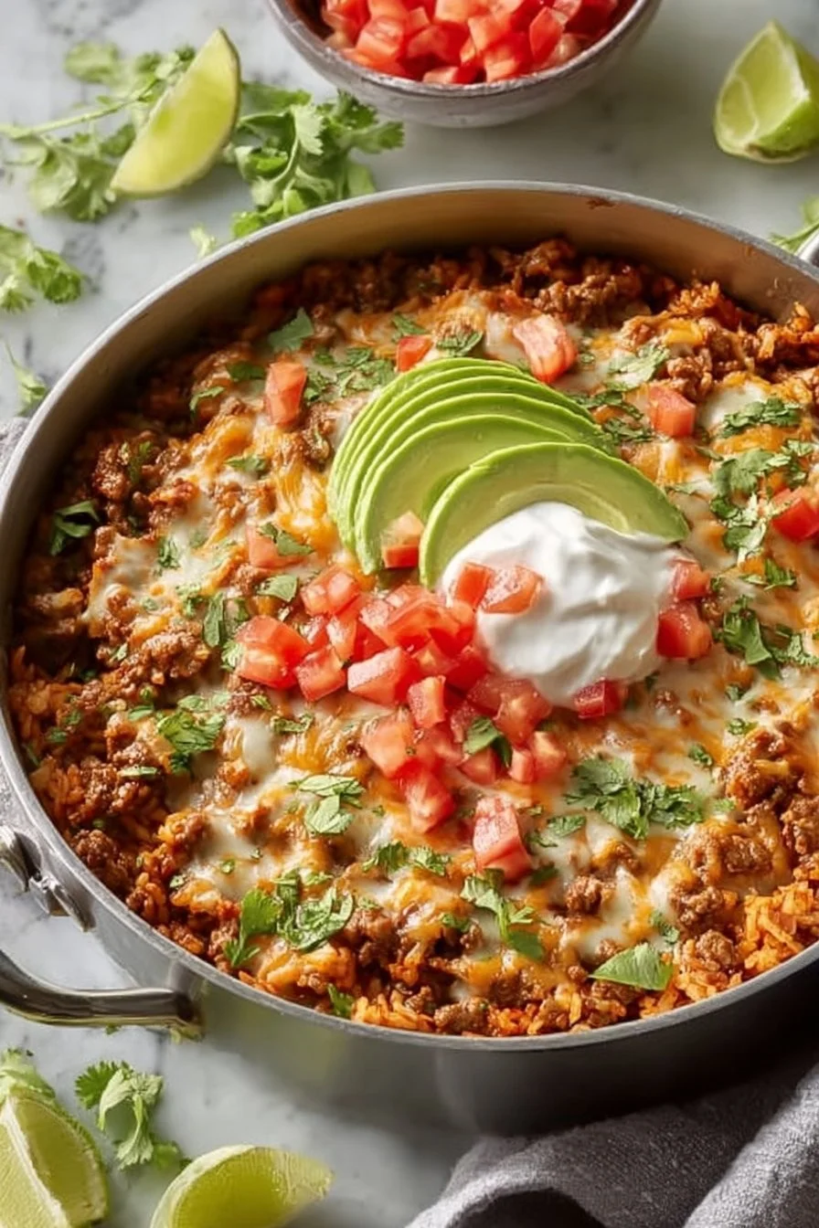 Delicious taco skillet recipe featuring ground beef, beans, and cheese.