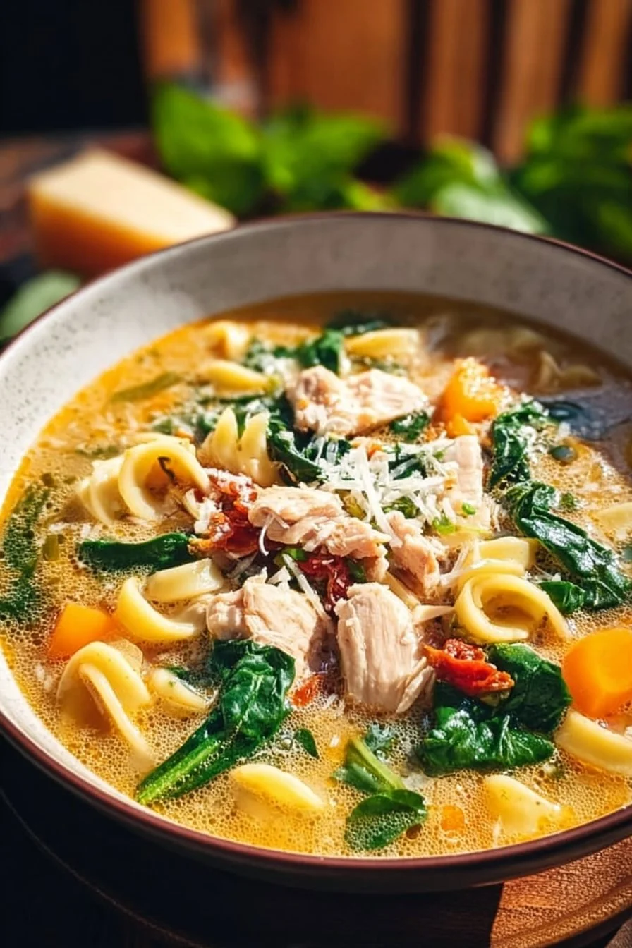 Delicious Marry Me Chicken Soup with Spinach in a bowl
