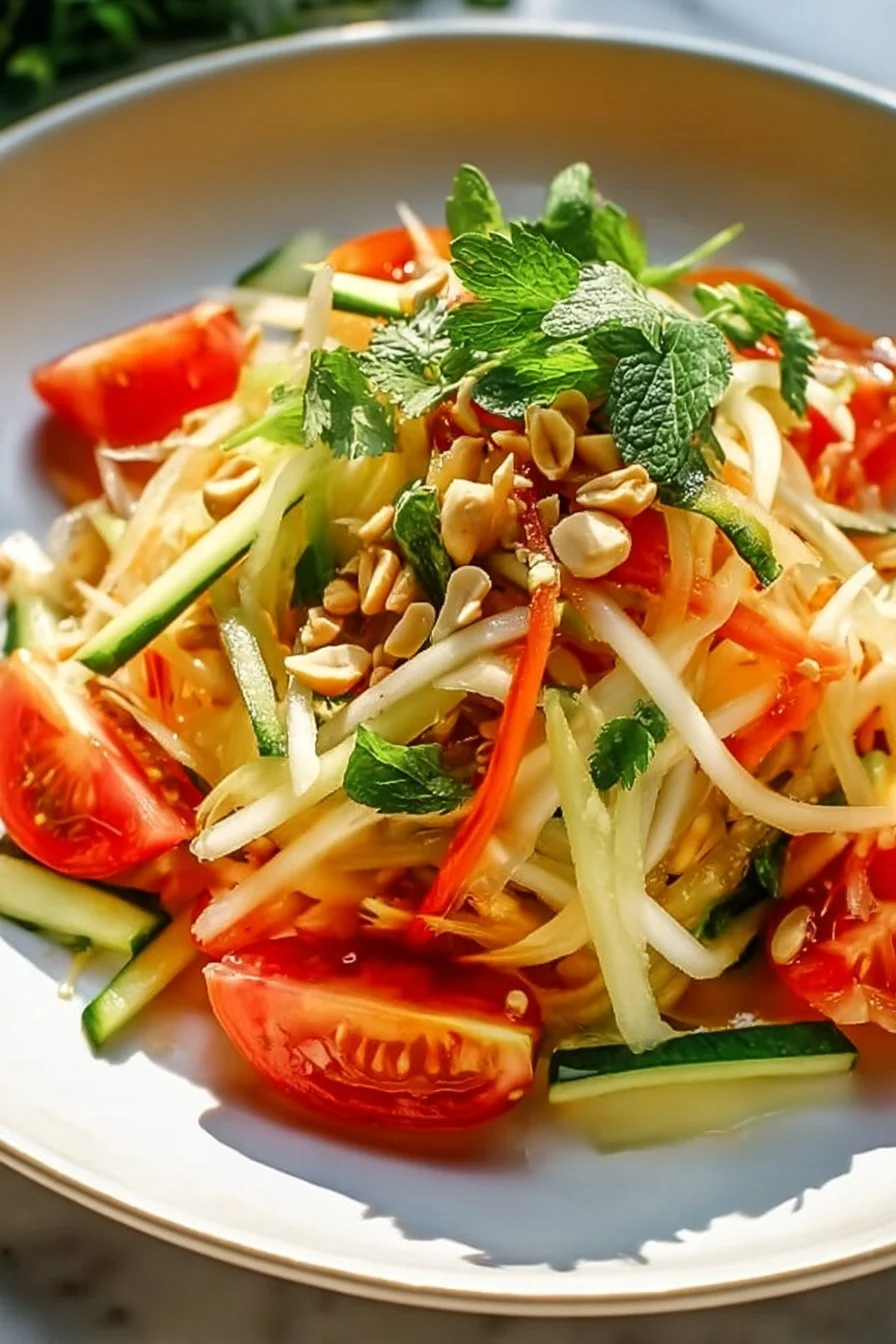 A vibrant bowl of Thai Green Papaya Salad with fresh vegetables and herbs