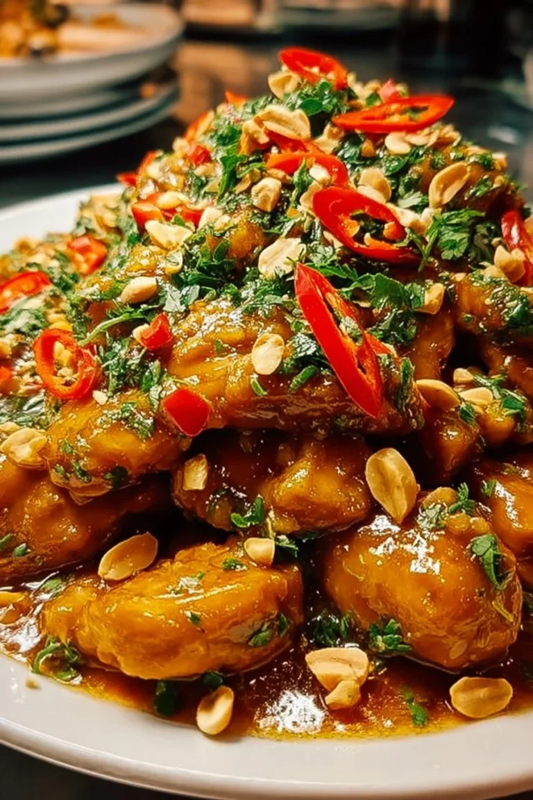 Delicious Thai Peanut Chicken garnished with peanuts and cilantro on a plate