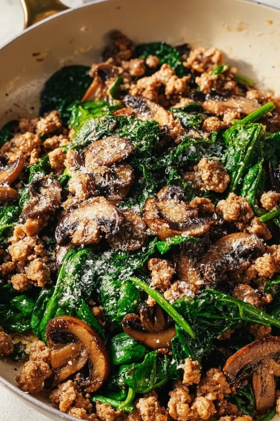 Delicious turkey spinach mushroom skillet served in a cast iron pan