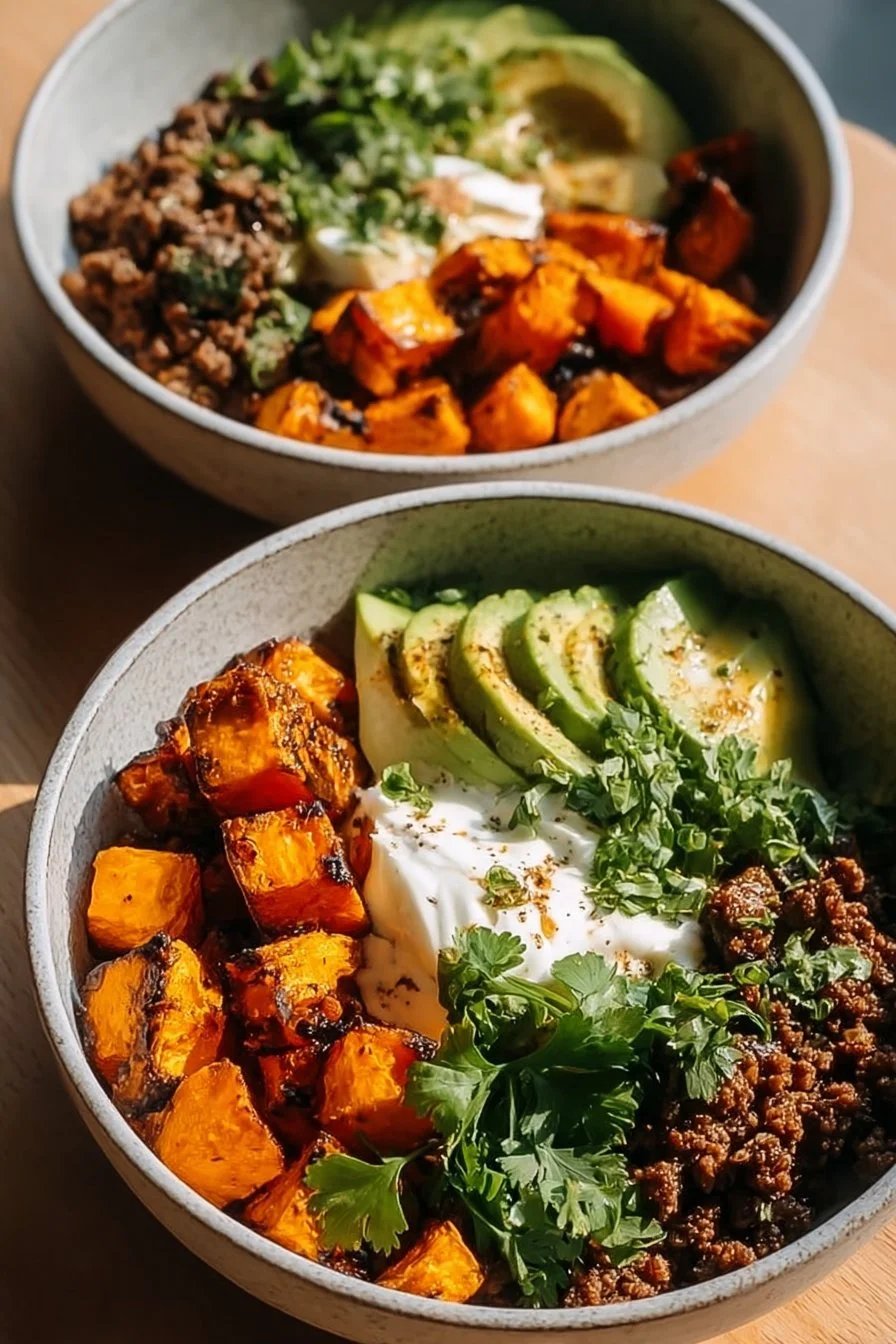 Delicious Ground Beef Hot Honey Bowl topped with fresh ingredients