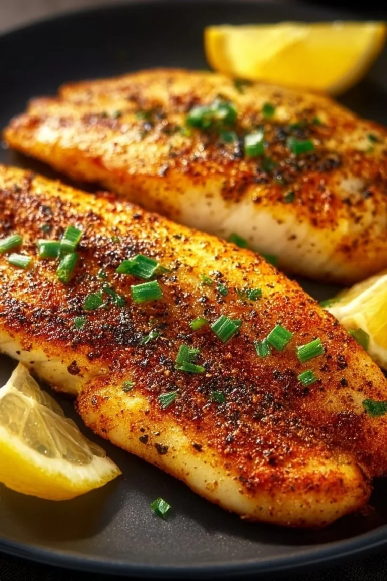 Air Fryer Tilapia served on a plate with lemon and herbs