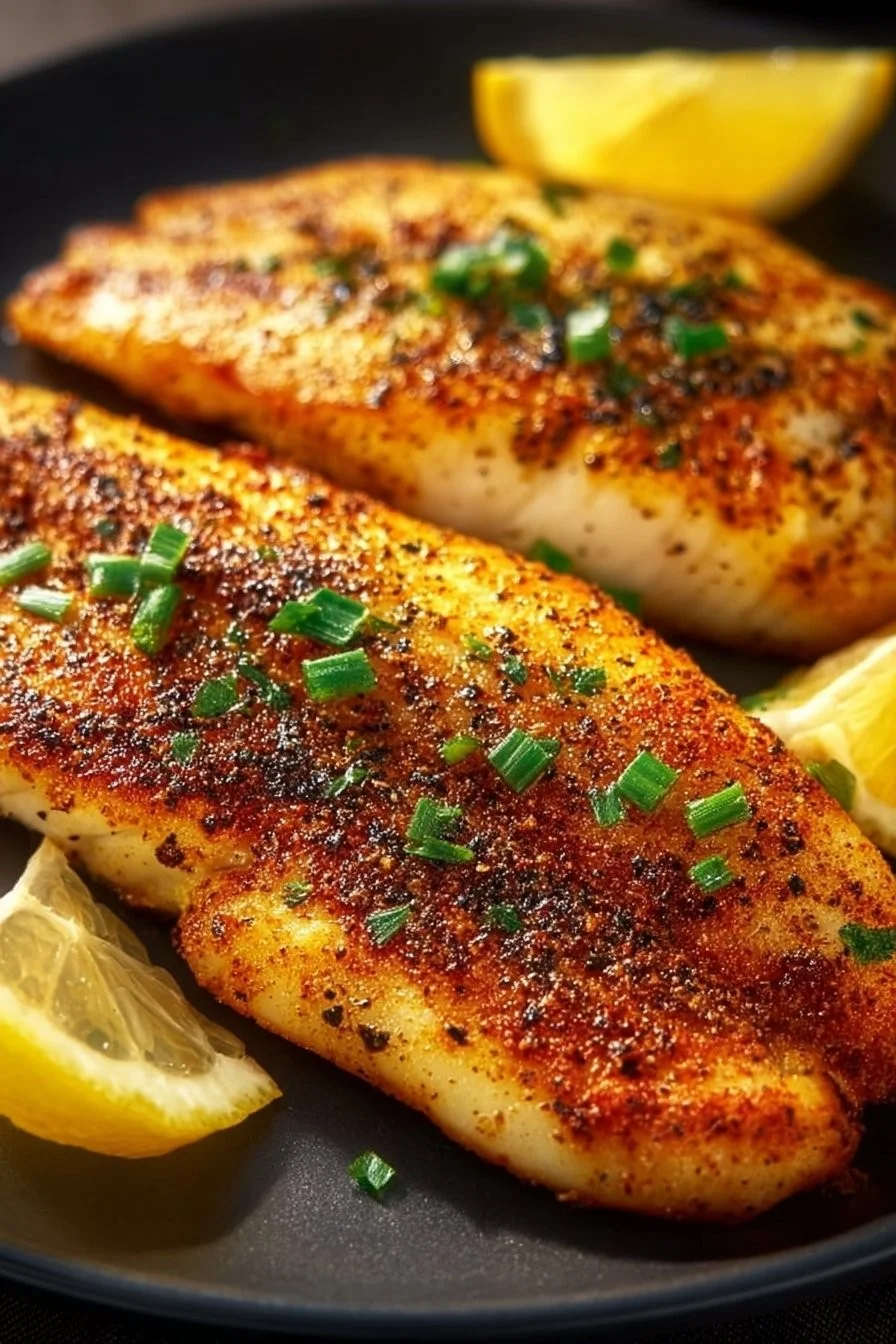 Air Fryer Tilapia served on a plate with lemon and herbs