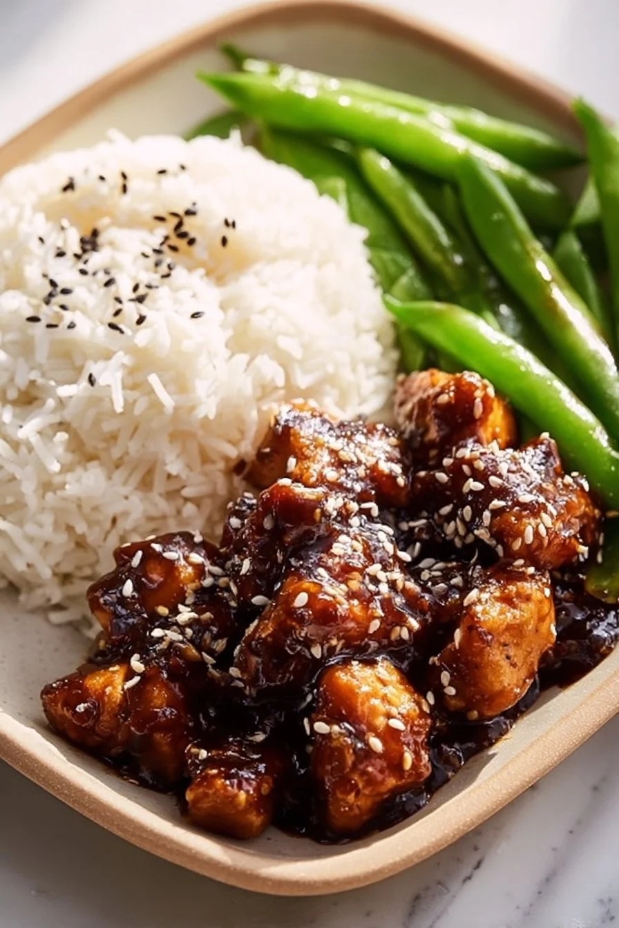 Delicious Asian High Protein Sesame Chicken served with vegetables.