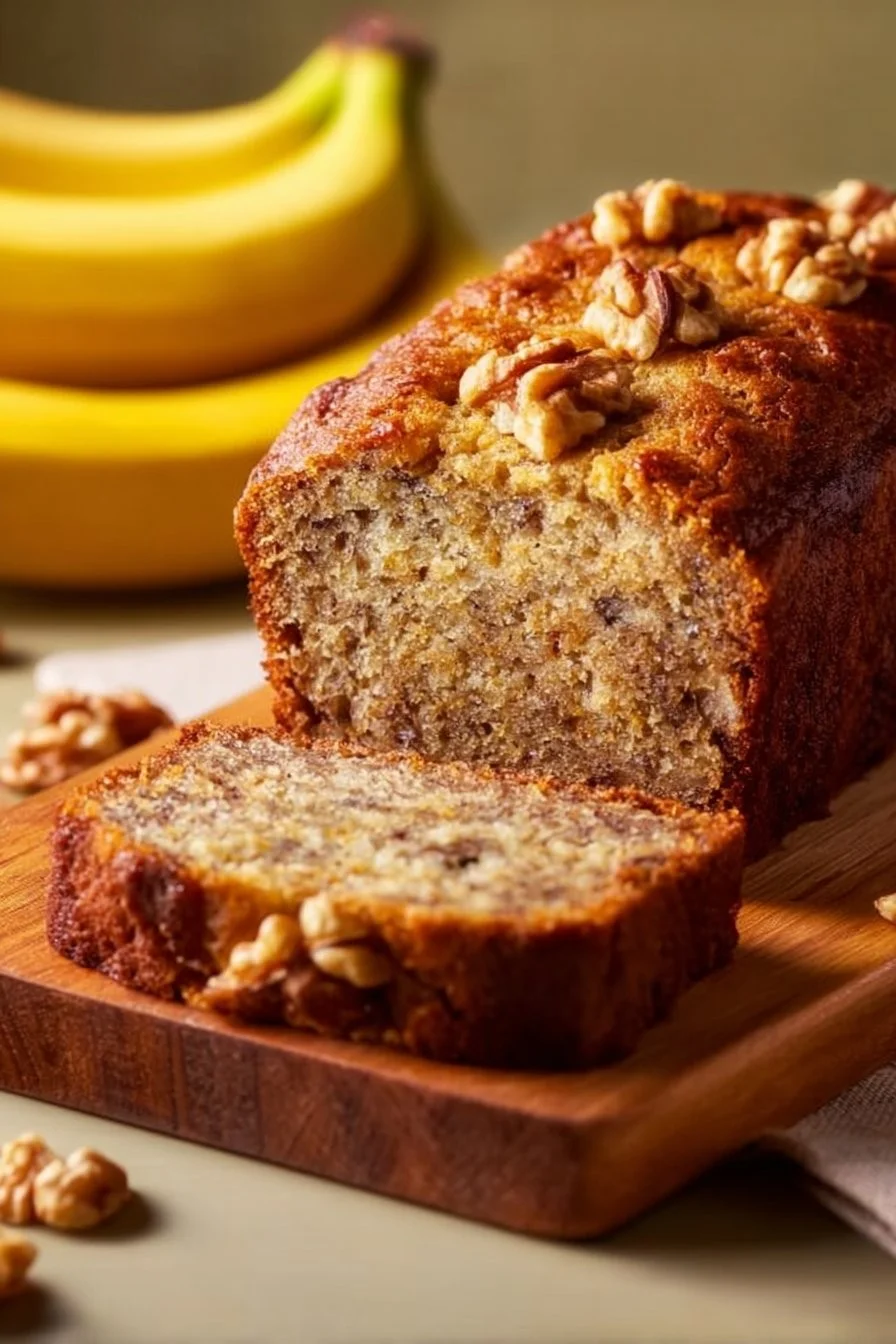 Loaf of freshly baked banana bread on a wooden table