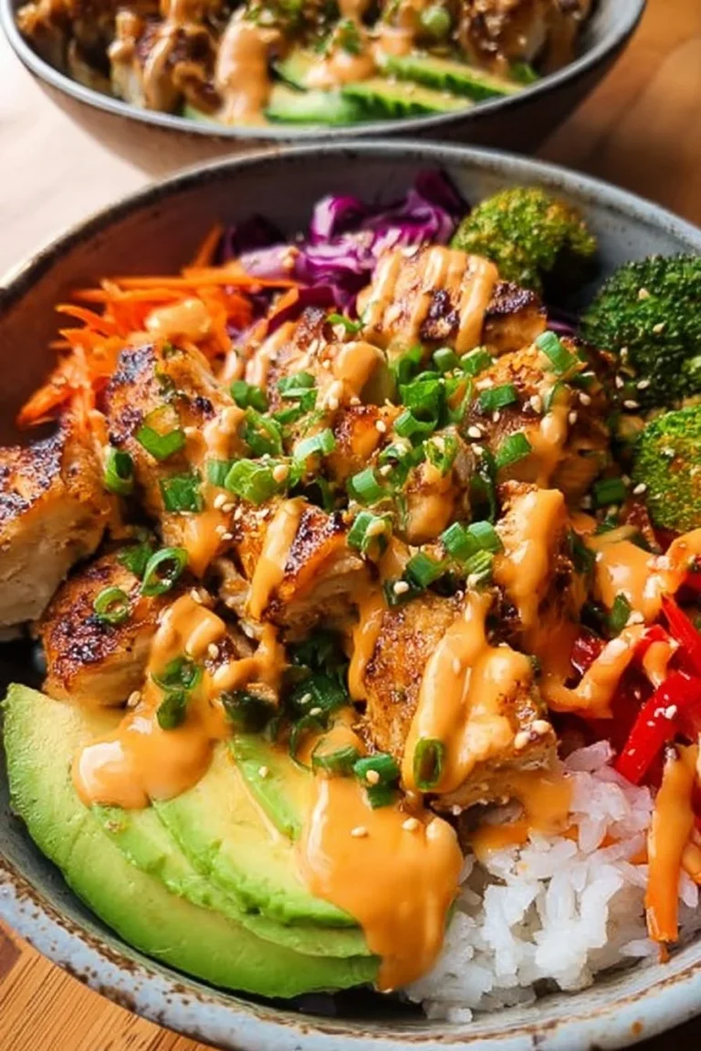 Delicious Bang Bang Chicken Bowl with crispy chicken and fresh vegetables