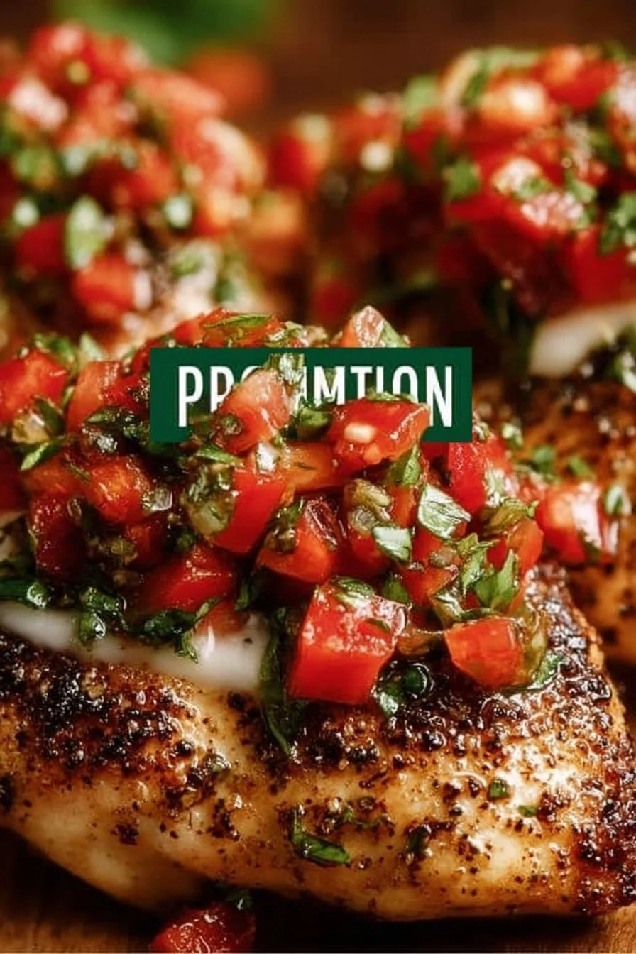 Plate of Bruschetta Chicken topped with tomatoes and basil