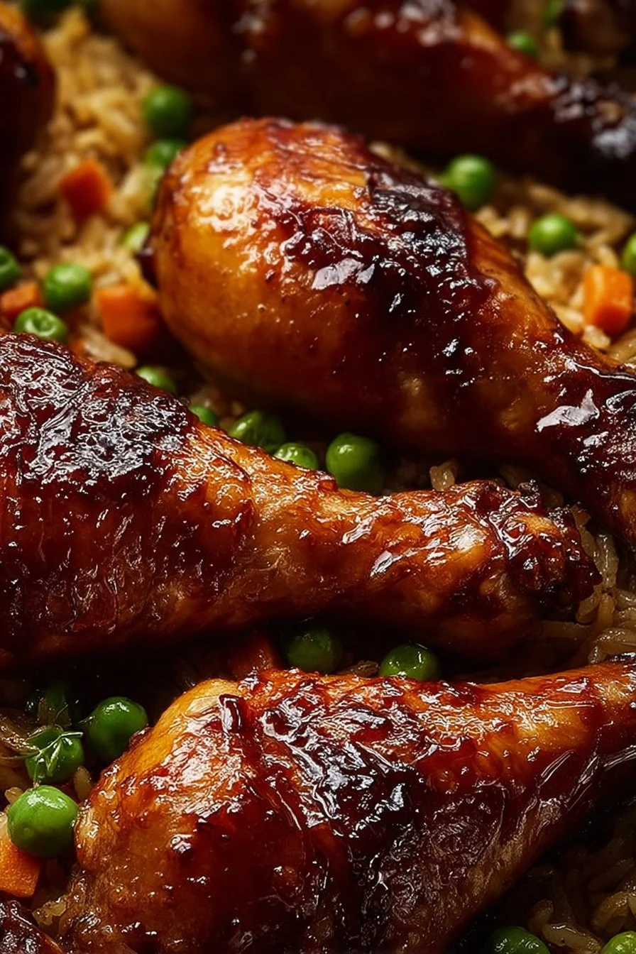 Plate of Caribbean Chicken and Rice garnished with herbs and spices