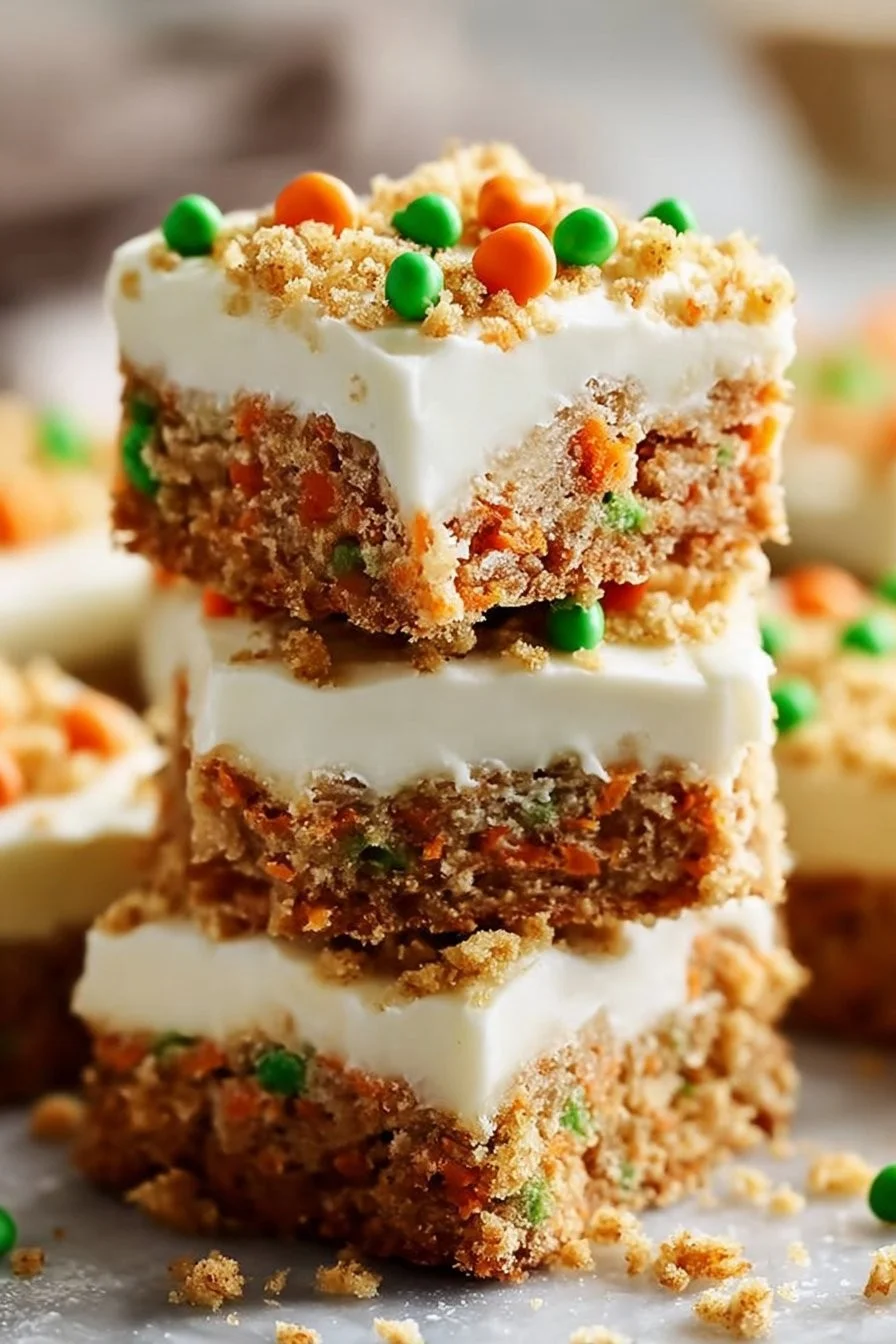 Delicious carrot cake bars with cream cheese frosting on a white plate