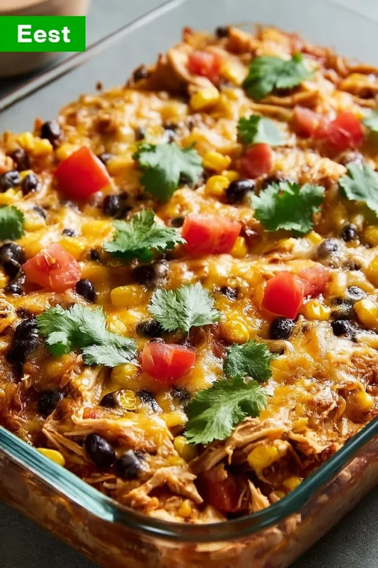 Delicious chicken burrito casserole served in a baking dish