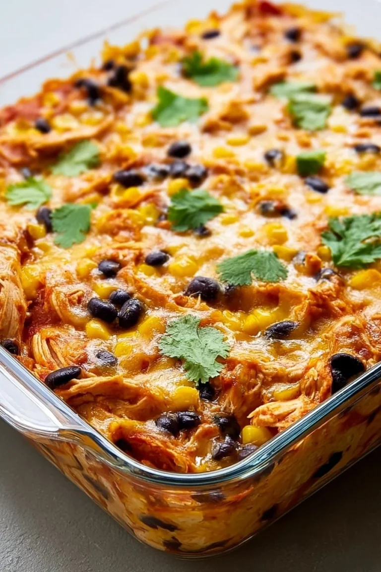 Delicious Chicken Burrito Casserole with melted cheese and fresh toppings
