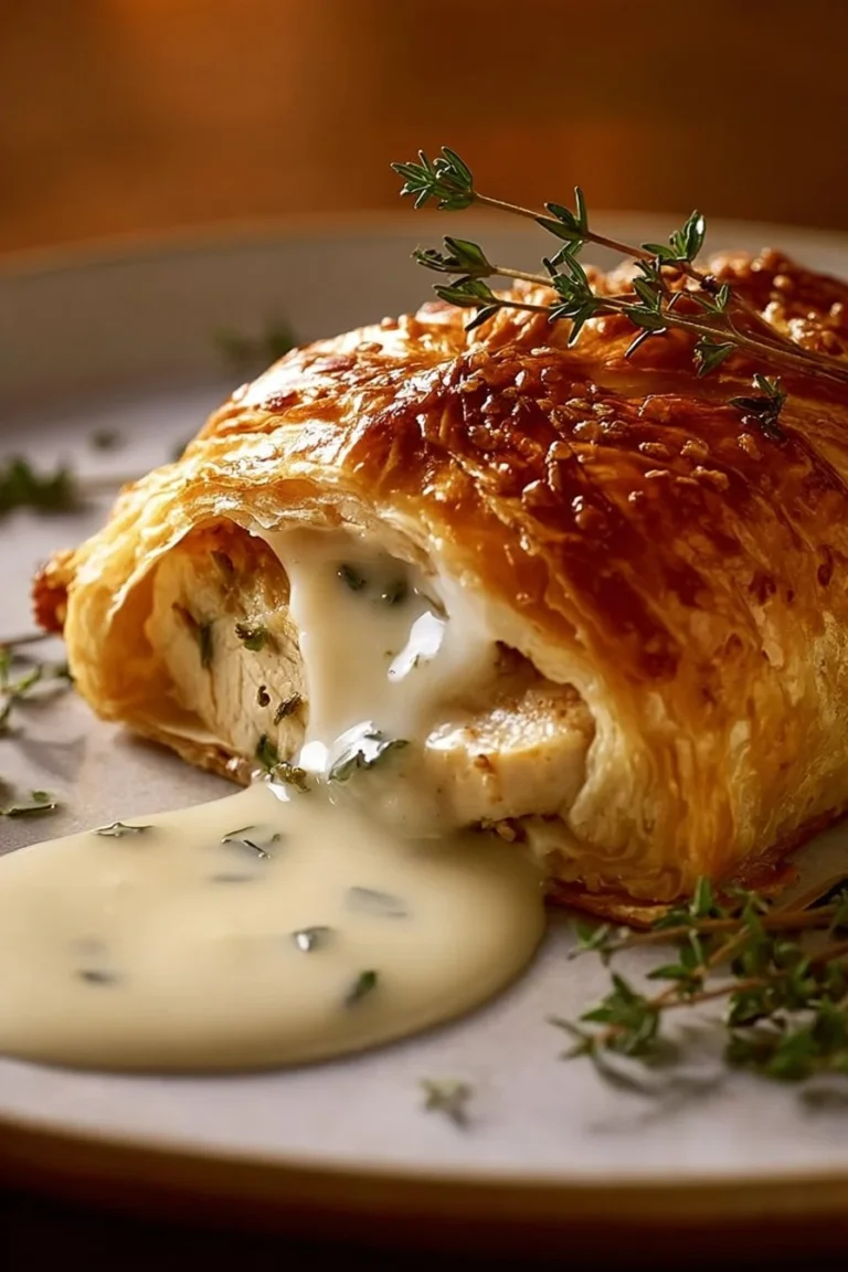 Delicious Chicken Wellington served with herbs and vegetables