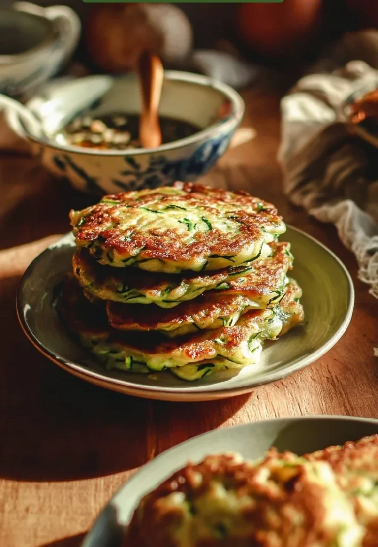 Golden Chinese Zucchini Pancakes served with dipping sauce