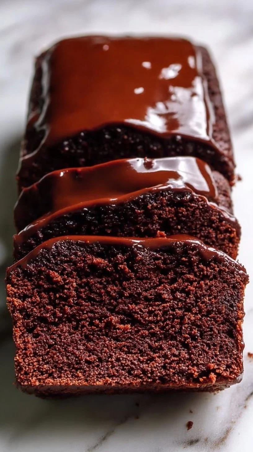Chocolate loaf cake with a glossy chocolate glaze on top.