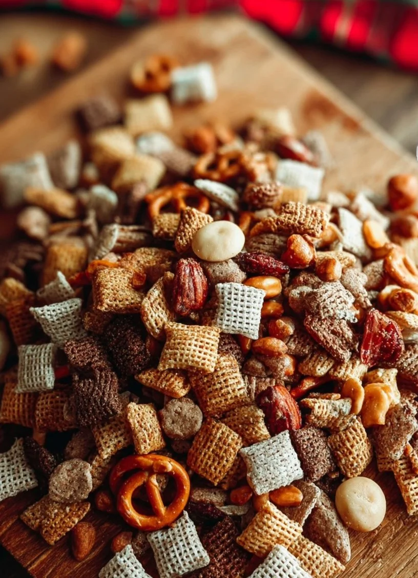 Bowl of colorful Christmas Chex Mix decorated for the holiday season