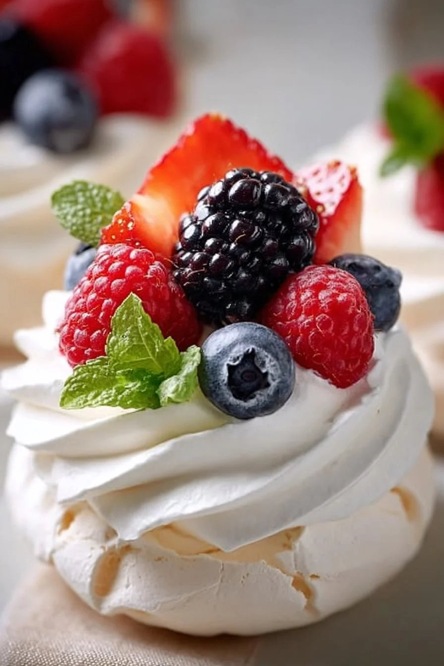 Christmas mini pavlovas topped with fresh fruits and cream on a festive table.