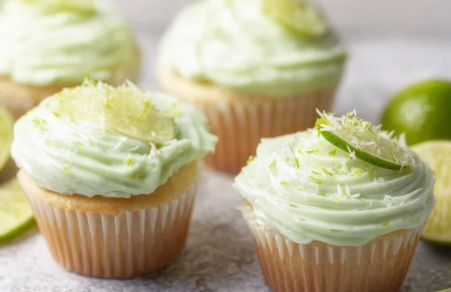 Coconut Cupcakes with Lime Frosting Delicious coconut cupcakes with lime frosting on a plate