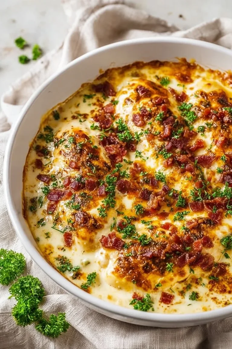 Delicious creamy garlic bacon chicken bake with juicy chicken and crispy bacon