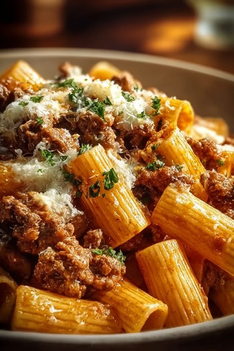 Creamy Parmesan beef rigatoni served in a bowl