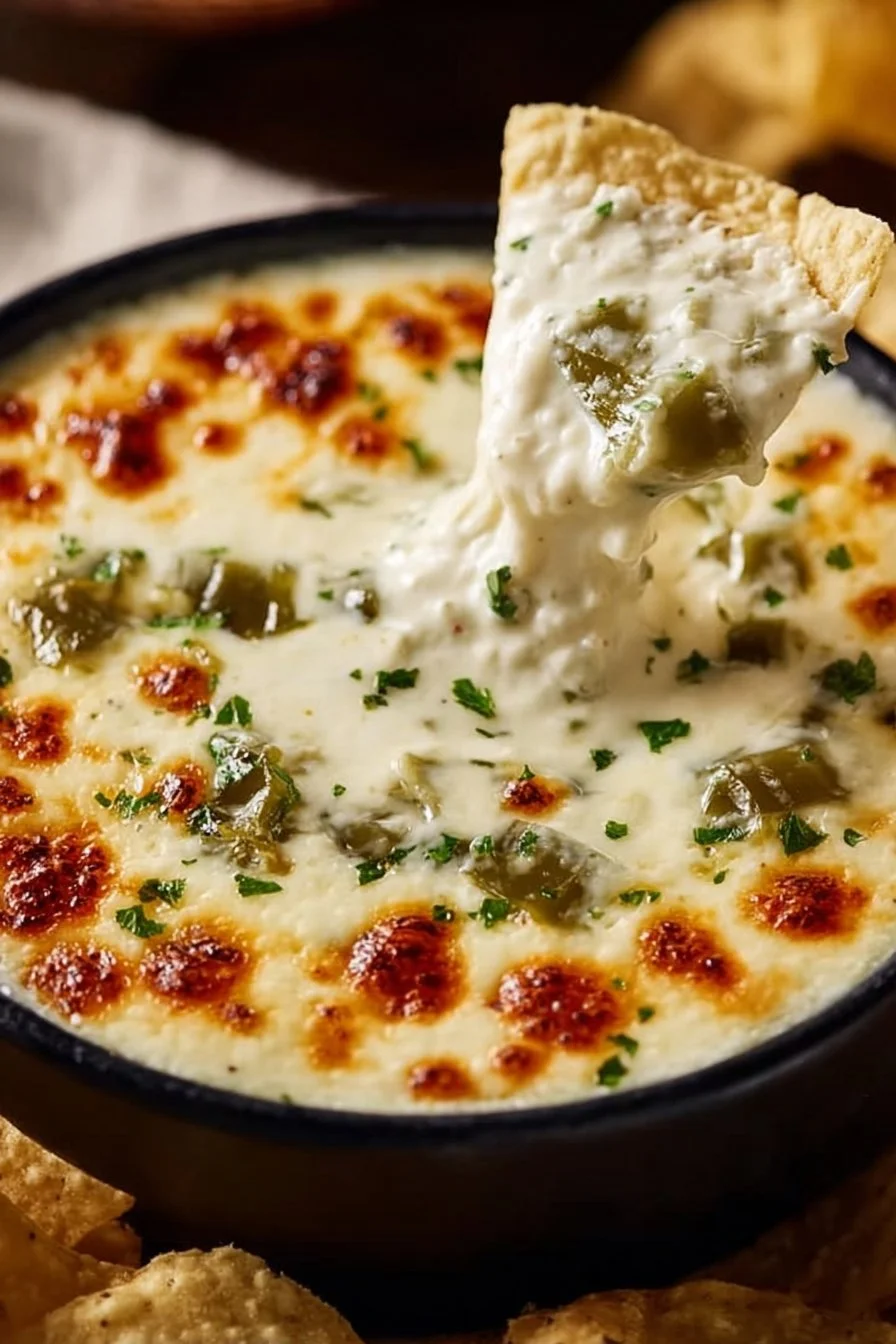 Bowl of creamy Easy White Queso Dip served with tortilla chips.