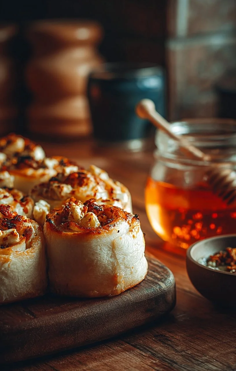 Feta rolls drizzled with spicy honey on a plate, showcasing a delicious appetizer.