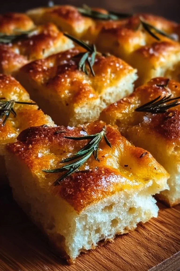 Homemade focaccia bread topped with herbs and olive oil on a wooden board