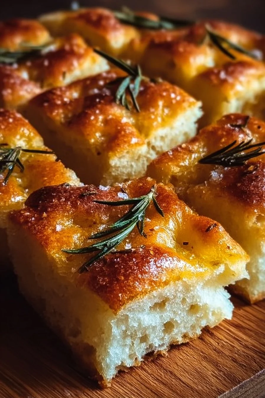Homemade focaccia bread topped with herbs and olive oil on a wooden board