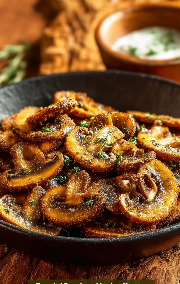 Crispy fried sliced mushrooms on a plate, garnished and ready to eat.