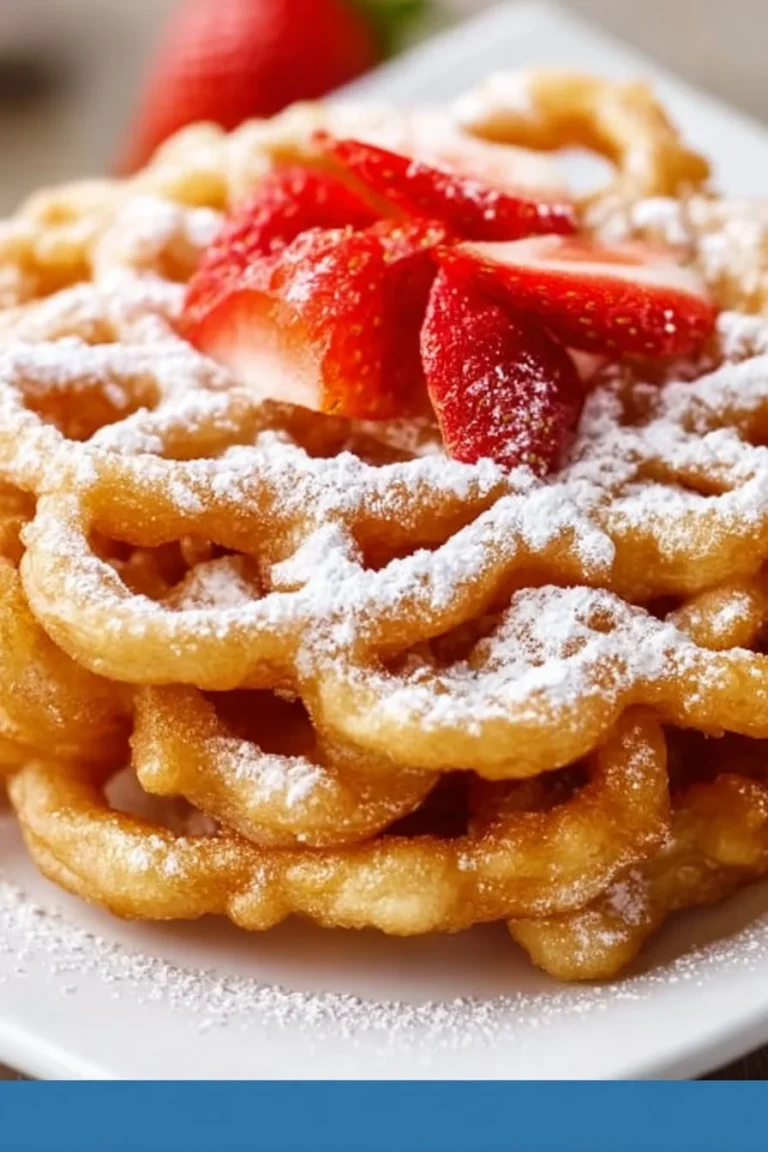 Delicious funnel cakes topped with powdered sugar and strawberries