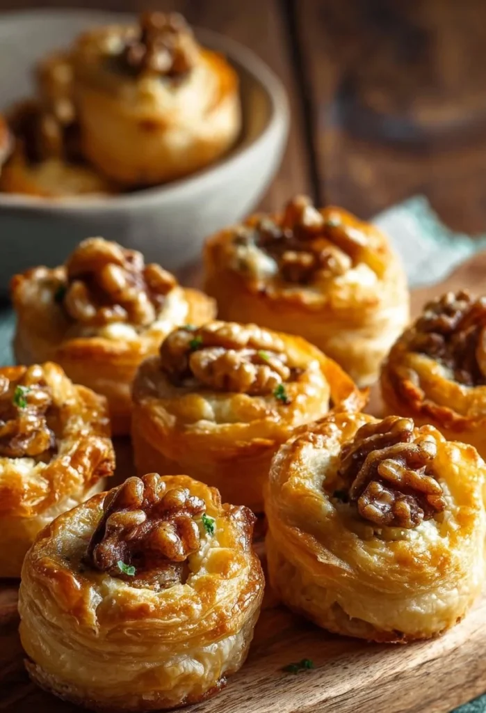 Goat cheese and walnut pastry bites served on a platter