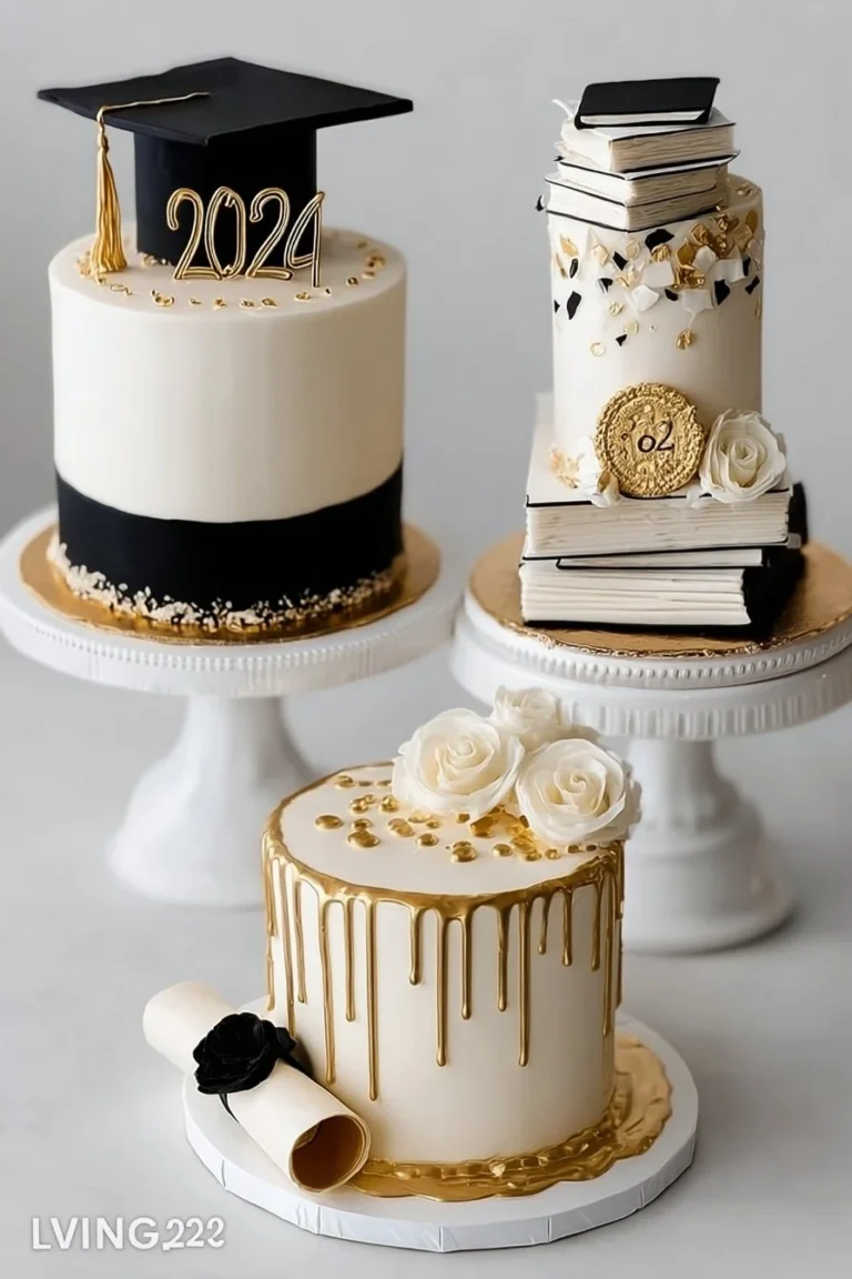 Graduation celebration cake decorated with caps and diplomas.