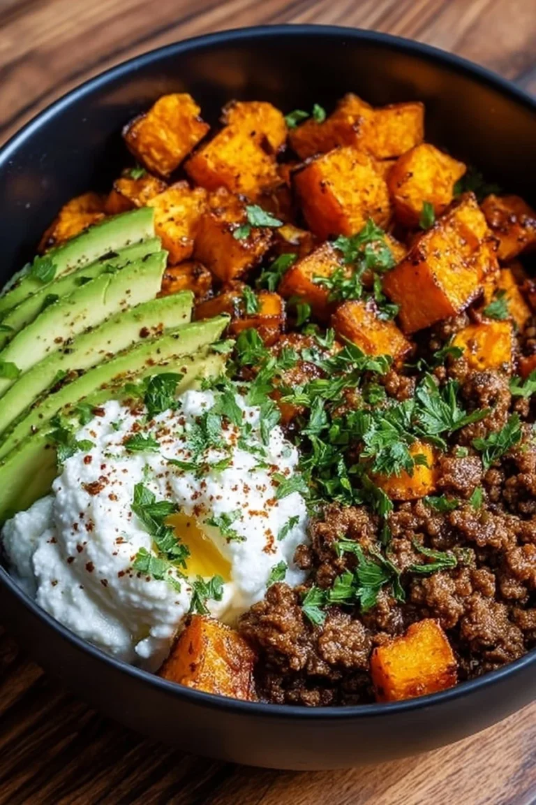 Ground Beef Hot Honey Bowl with vegetables and spices.