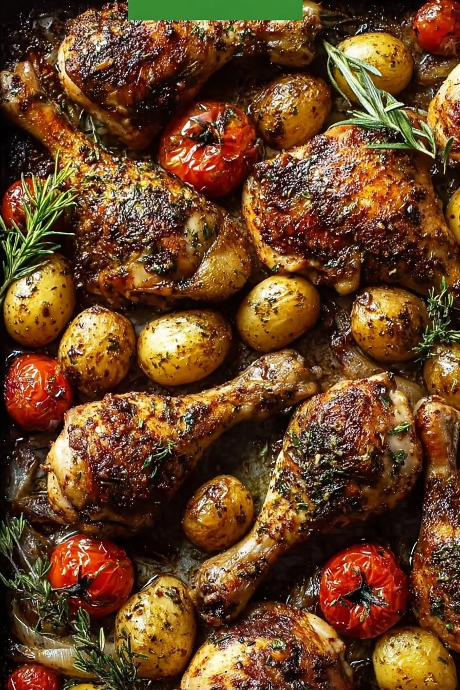Herby harissa roasted chicken on a sheet pan with vibrant vegetables