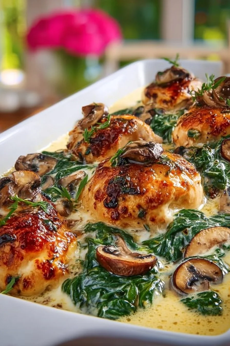 High protein chicken spinach bake in a one-pan dish, perfect for healthy meals.