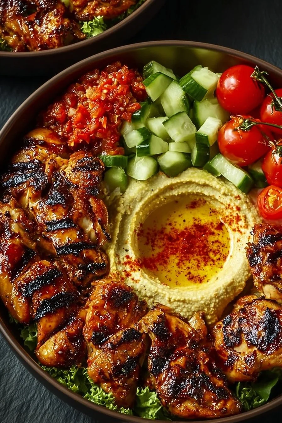 Lemon Chili Grilled Chicken Bowl with fresh vegetables and herbs