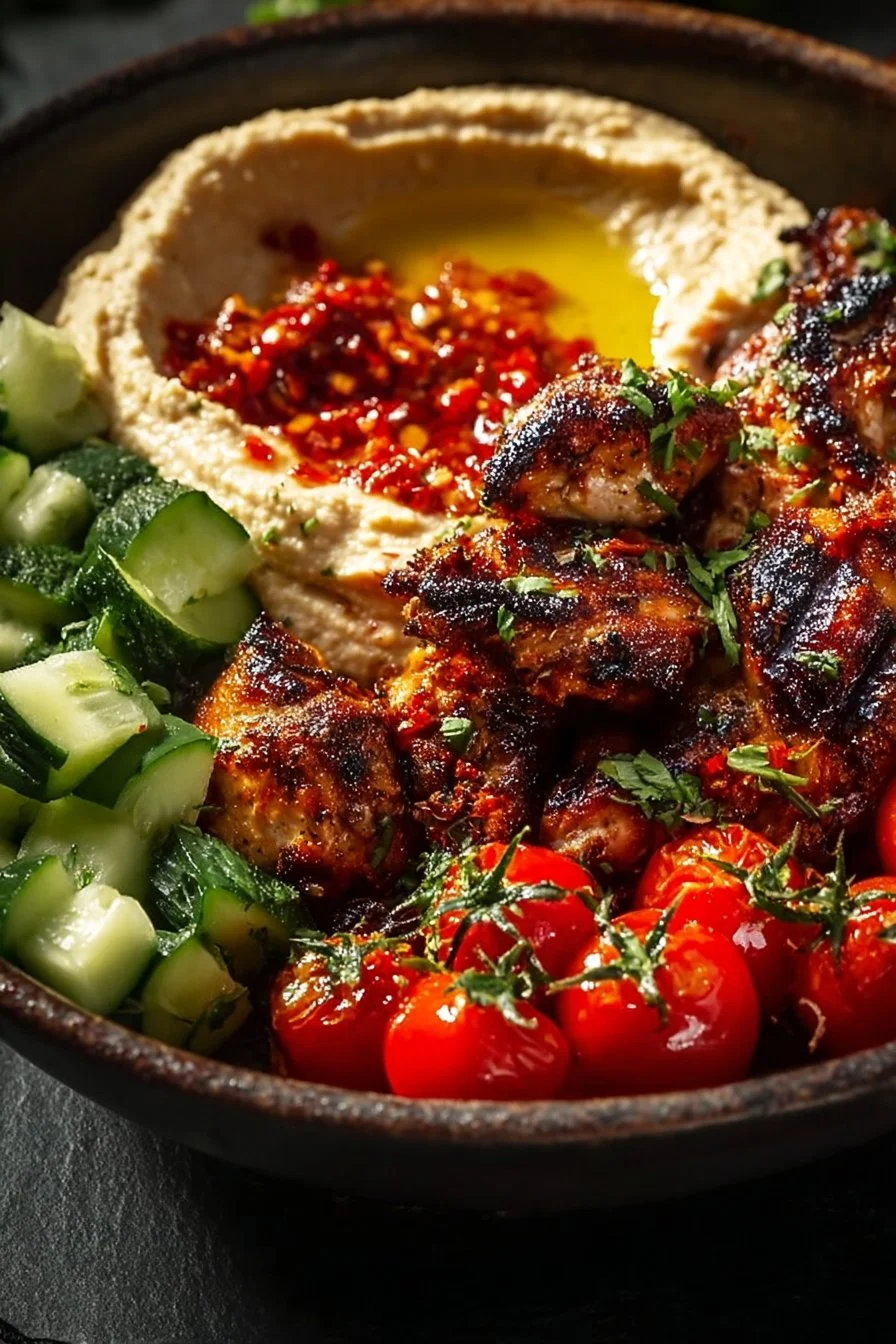 Lemon Chili Grilled Chicken Bowls with fresh vegetables and herbs