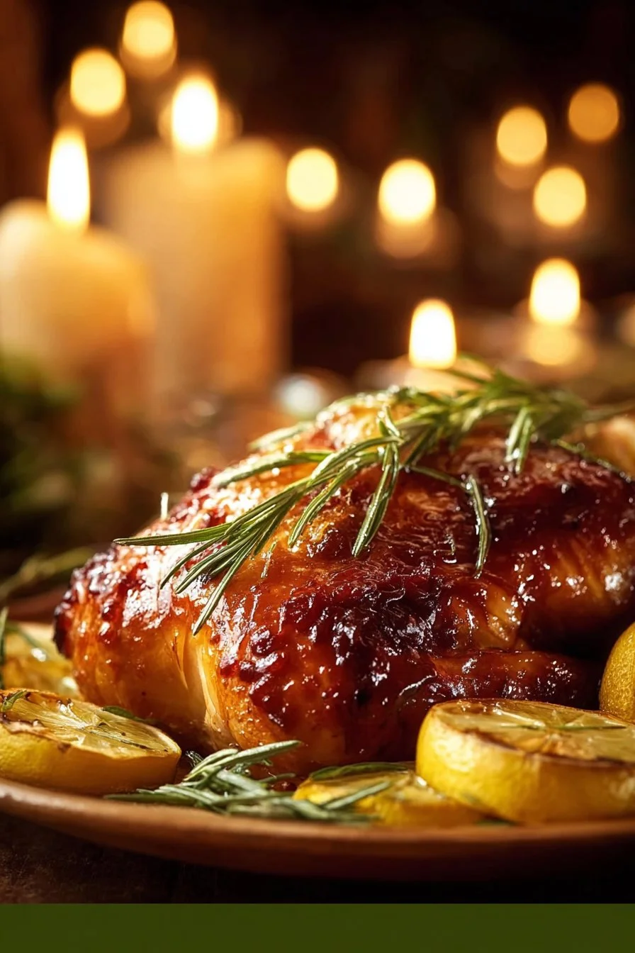 Delicious Lemon Garlic Roast Chicken served with herbs and lemon slices.